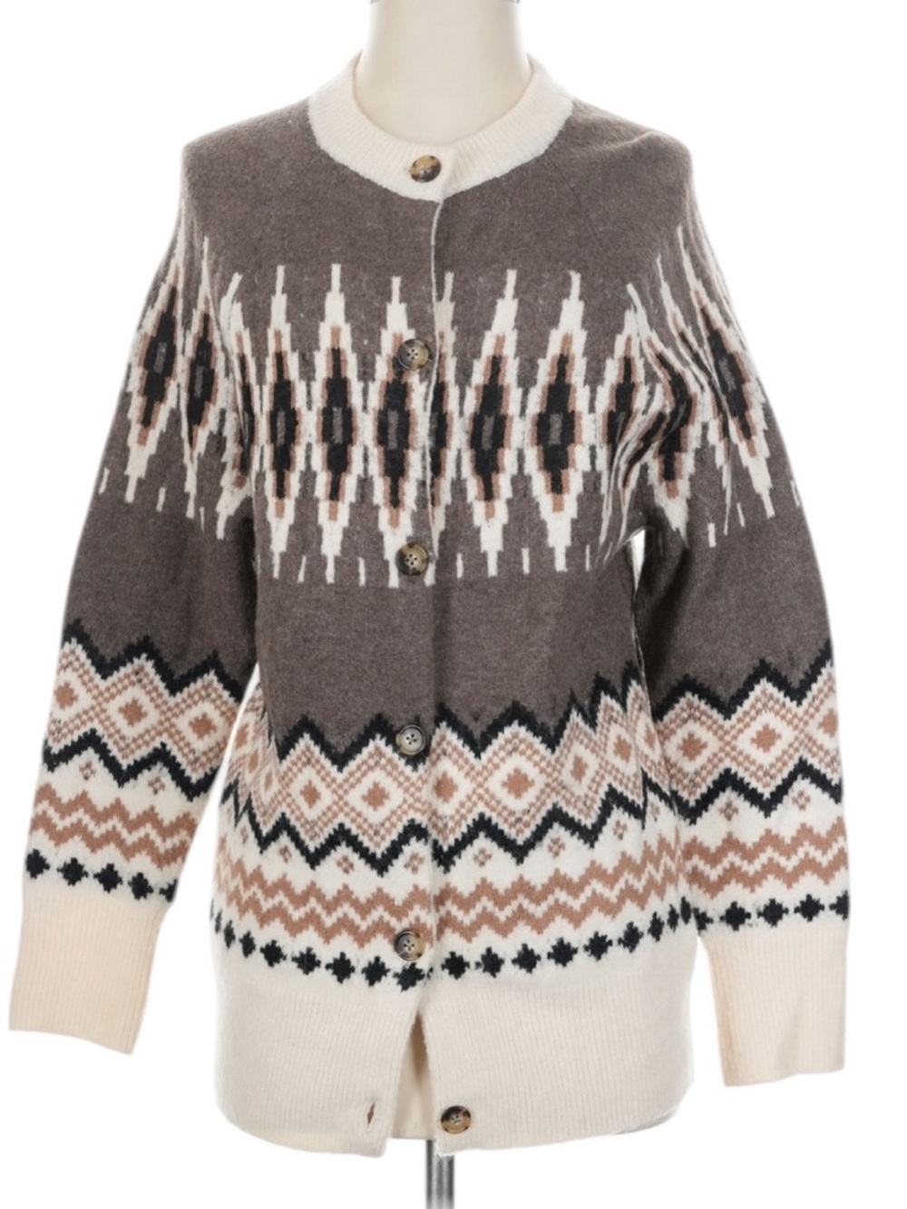 J. Crew Sweater Wool Blend Fair Isle Cardigan S Brown Cream Relaxed Fit Fall - Picture 2 of 7